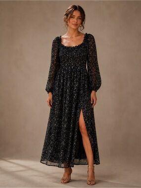 ASTR The Label | Black Purple Floral Smocked Long Sleeve Midi Dress - Size XL